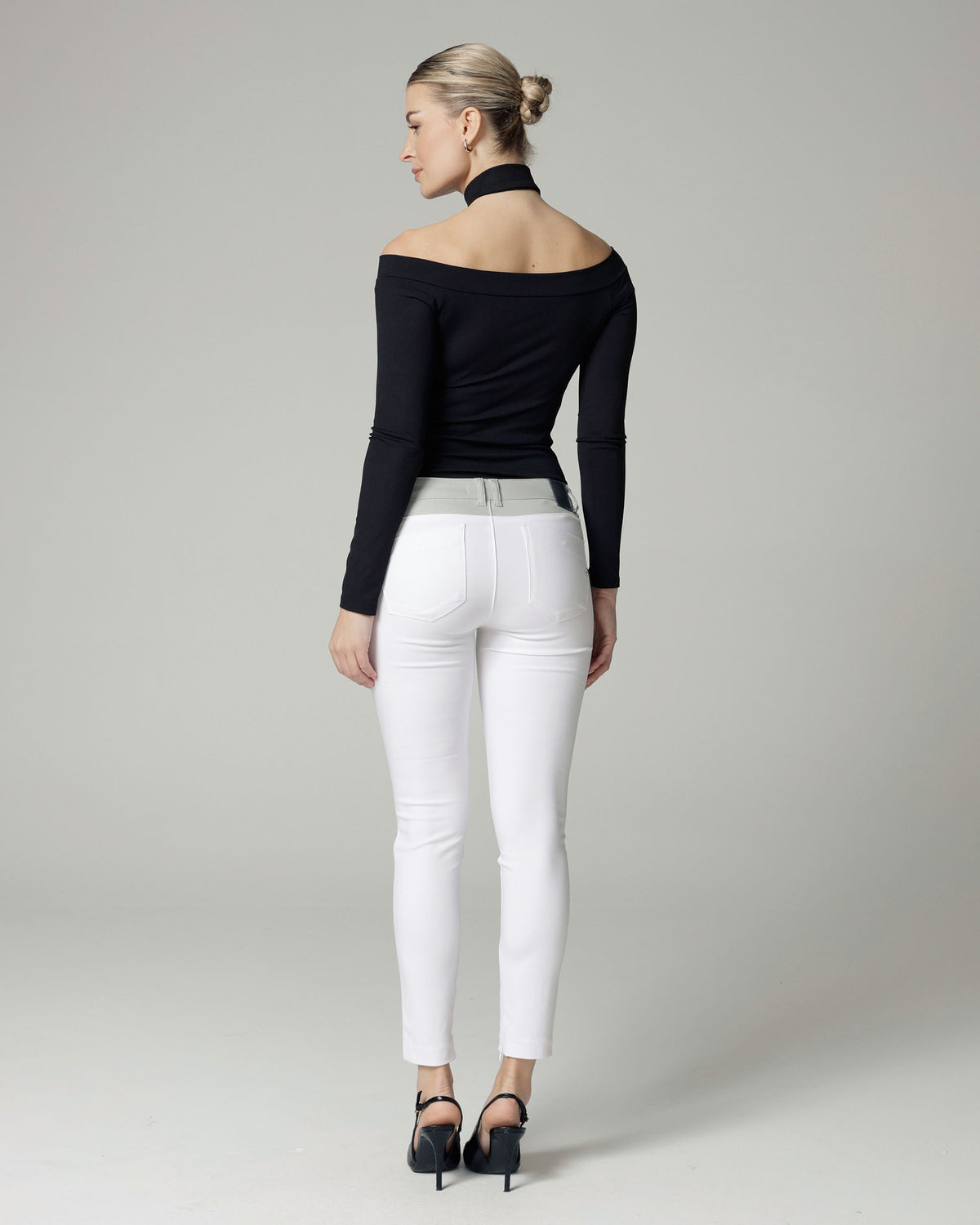 White & Silver Stripe Skinny Trousers, The Bonita, back view, third photo