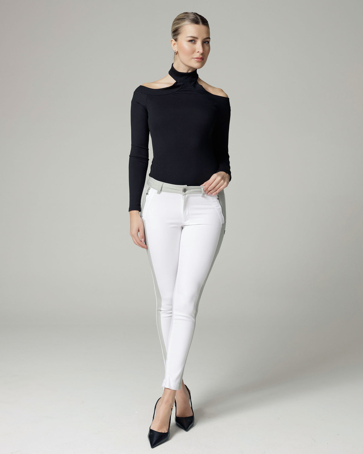 White & Silver Stripe Skinny Trousers | The Bonita Hauptbild