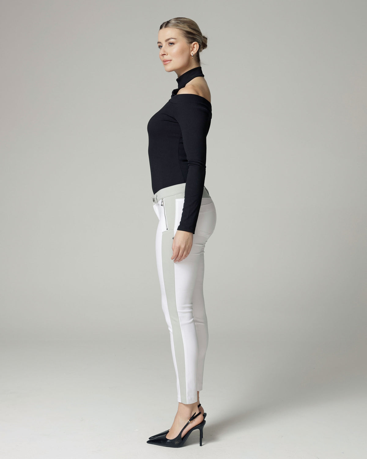 White & Silver Stripe Skinny Trousers, The Bonita, back view, second photo