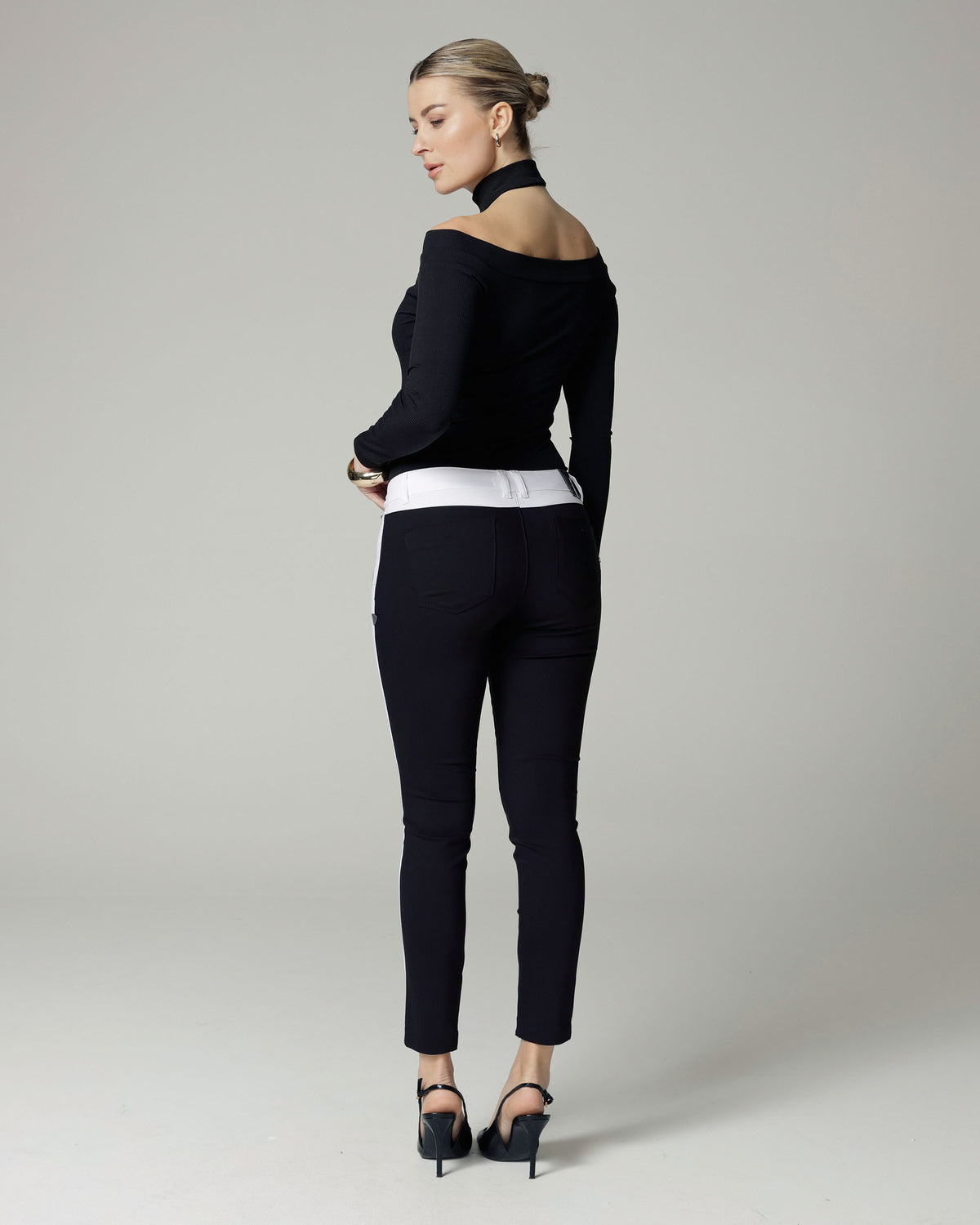 Black & White Stripe Skinny Trousers, The Bonita, back view