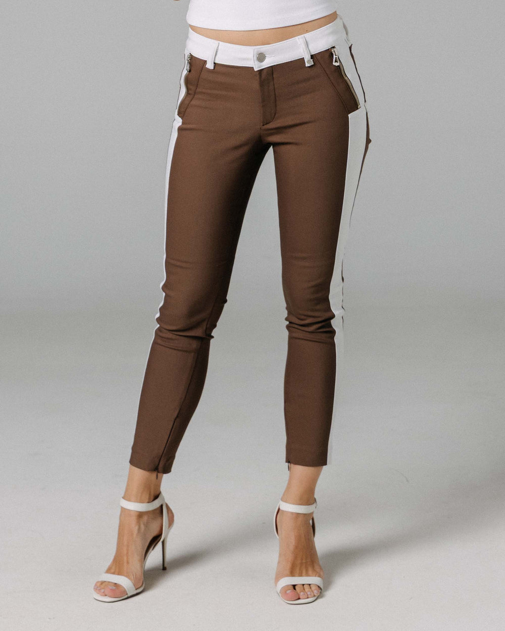 Coffee & White Stripe Skinny Trousers | The Bonita