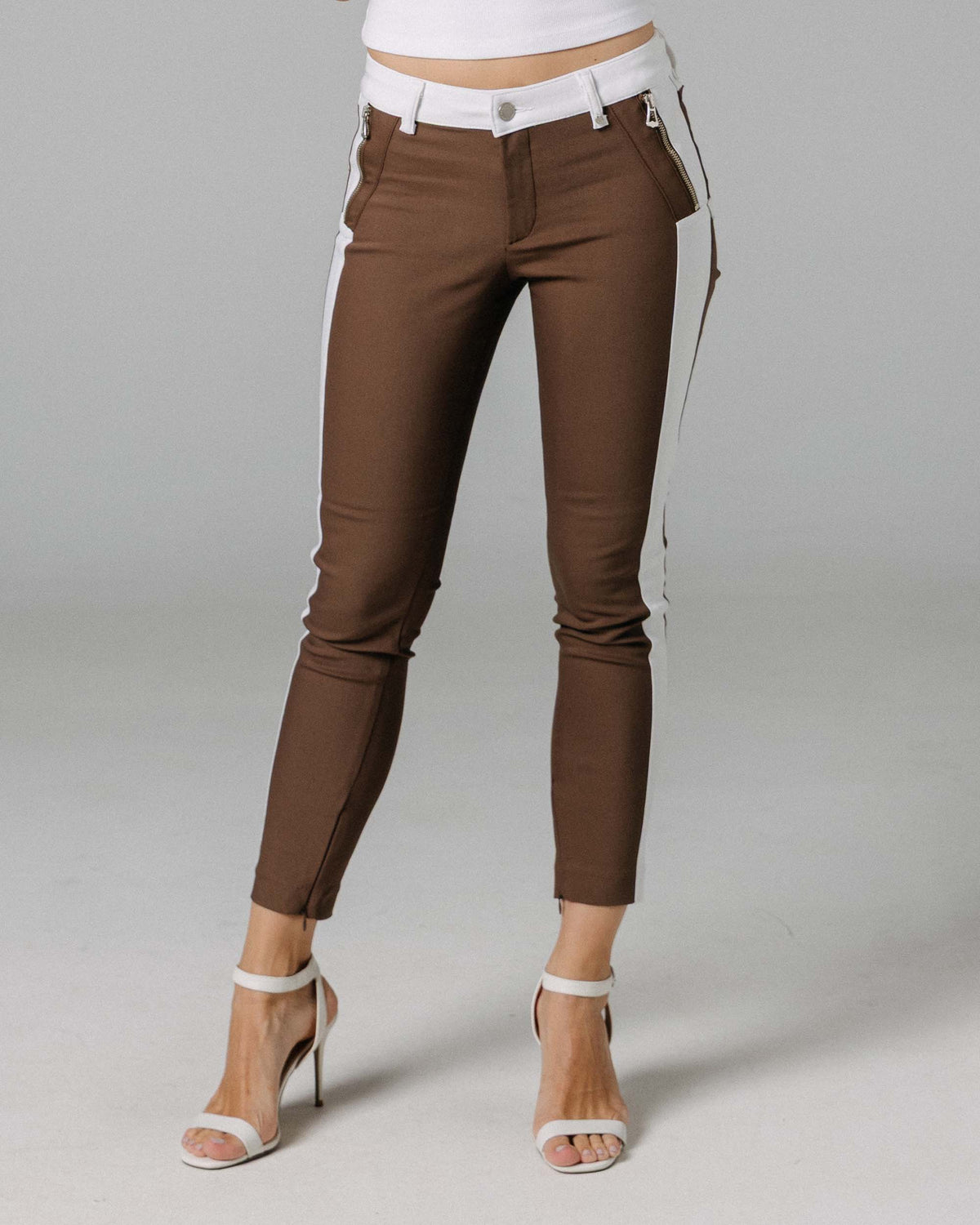 Coffee & White Stripe Skinny Trousers, The Bonita, waist-down view