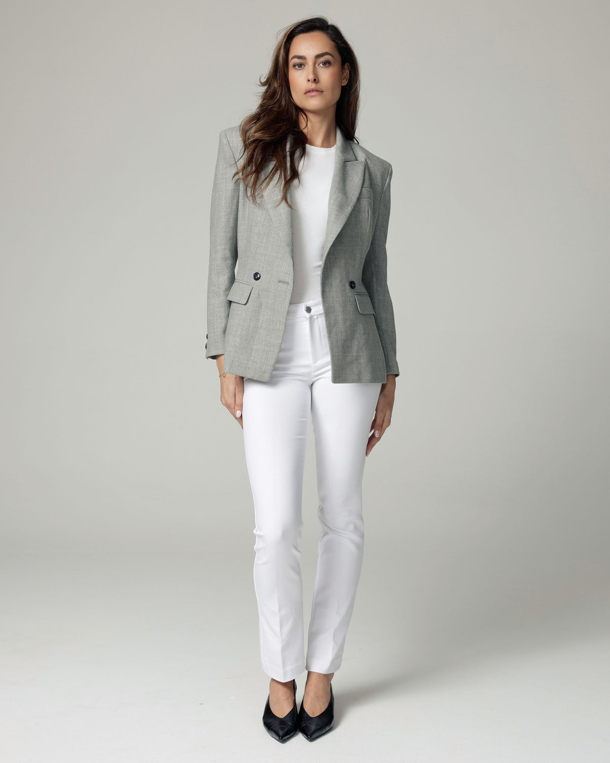 White Bootcut Flare Trousers, The Venezia, styled full-length look