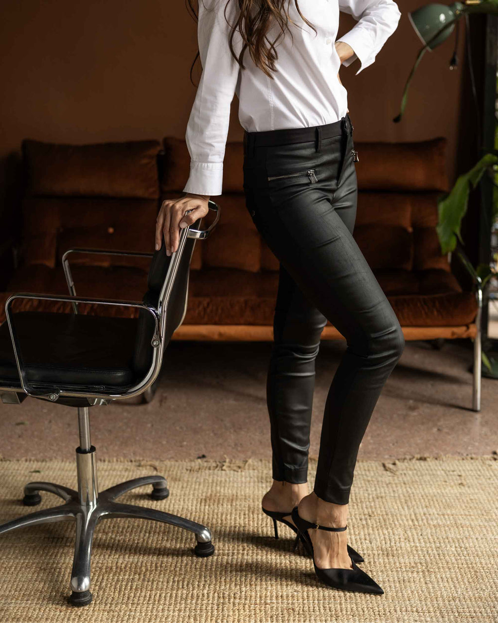 Front Coated Black Skinny Trousers | The Elisa