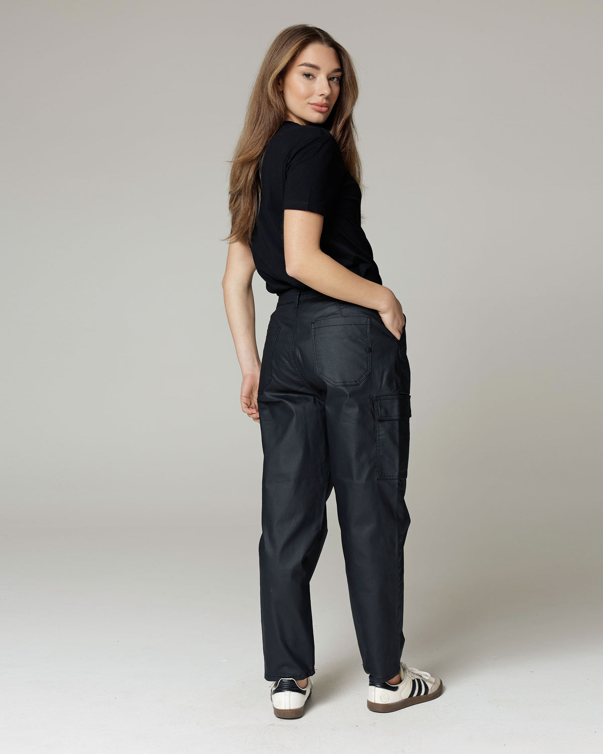 Black Coated Balloon Cargo Trousers, The Daria, back view