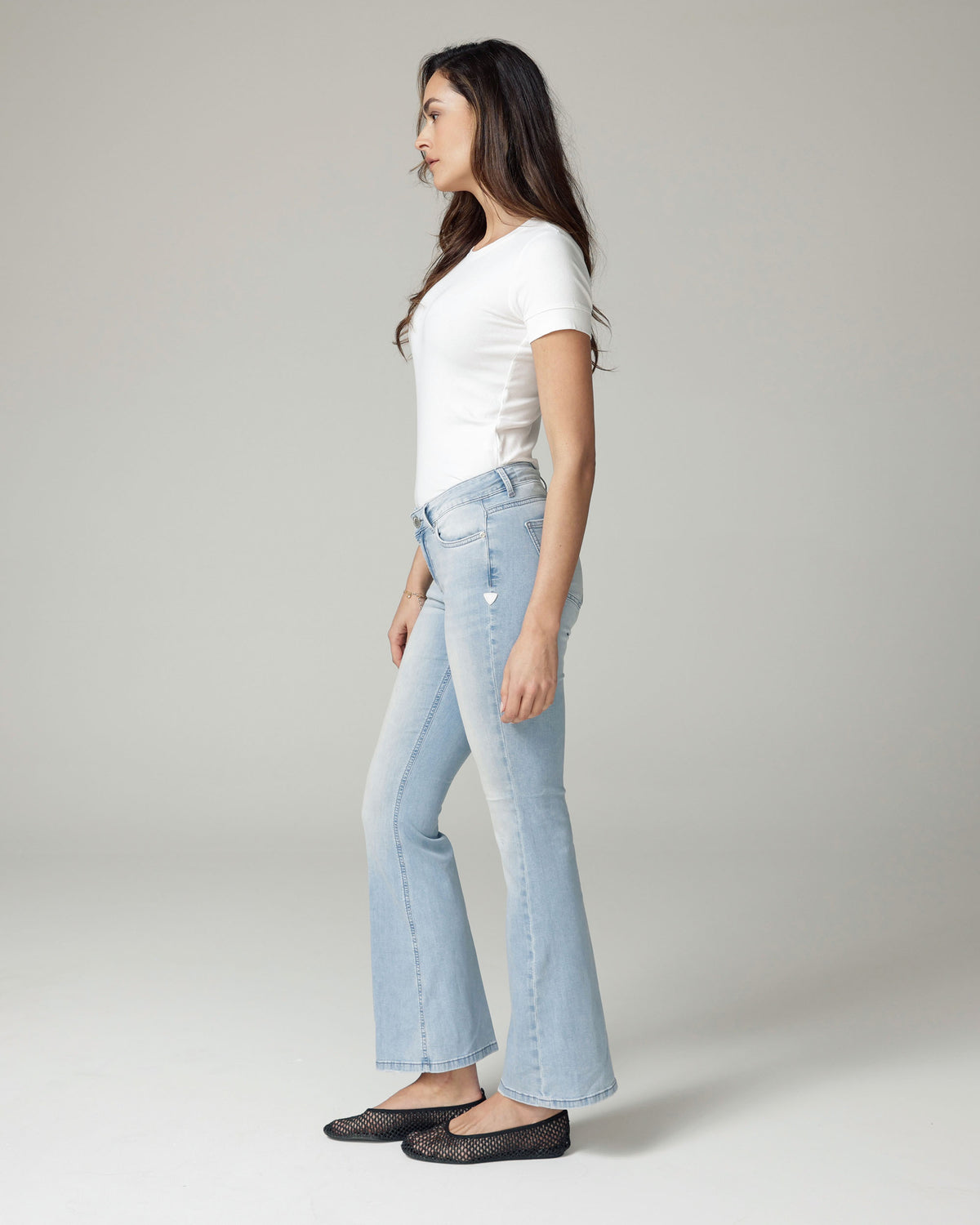 Bleached Blue Flare High-Rise Jeans, The Belly, side view, second photo