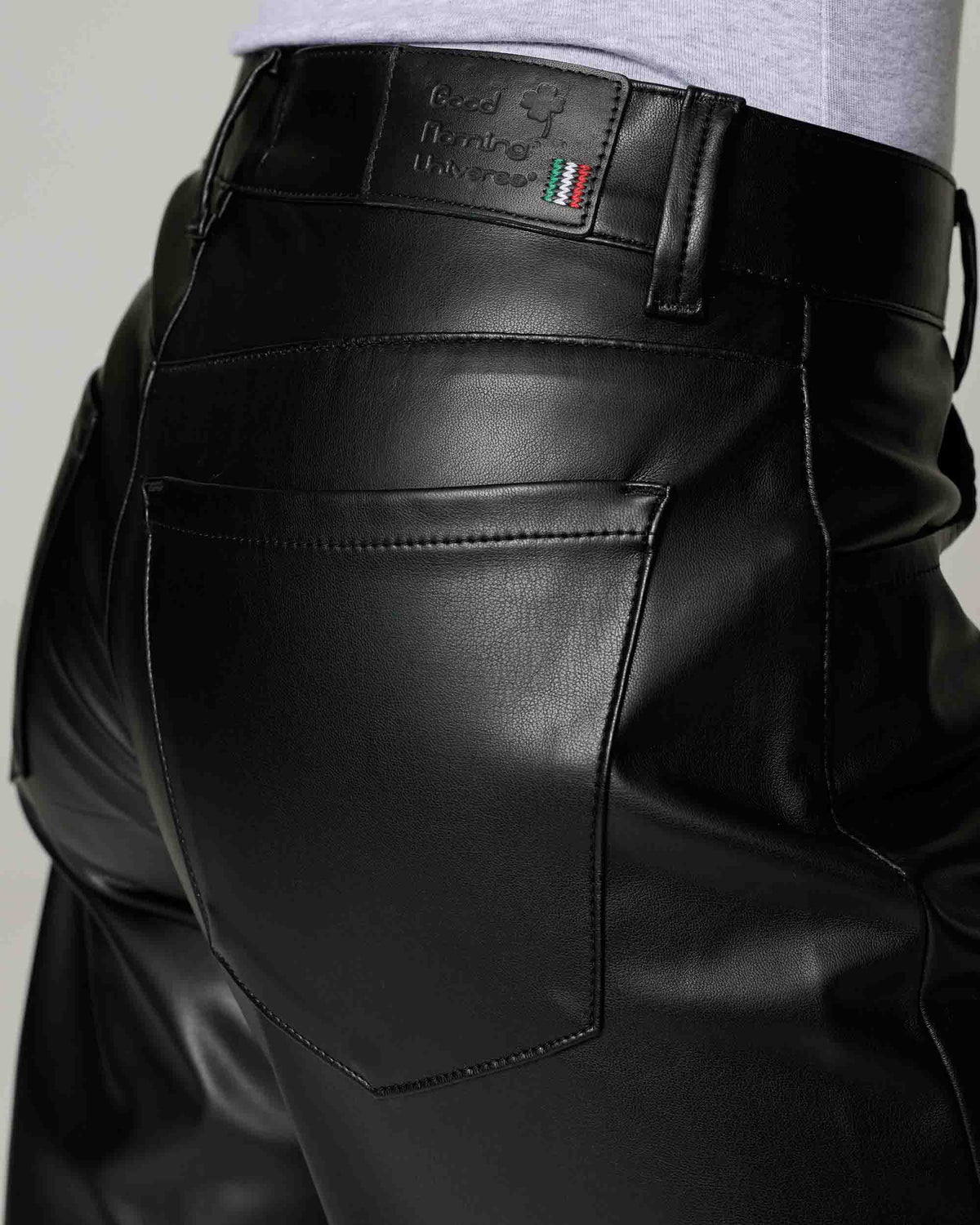 Black Faux Leather Wide-Leg Trousers, The Aida, close-up detail