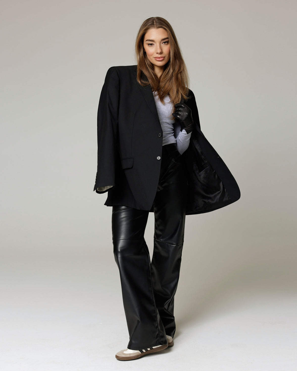 Black Faux Leather Wide-Leg Trousers, The Aida, styled full-length look, second photo