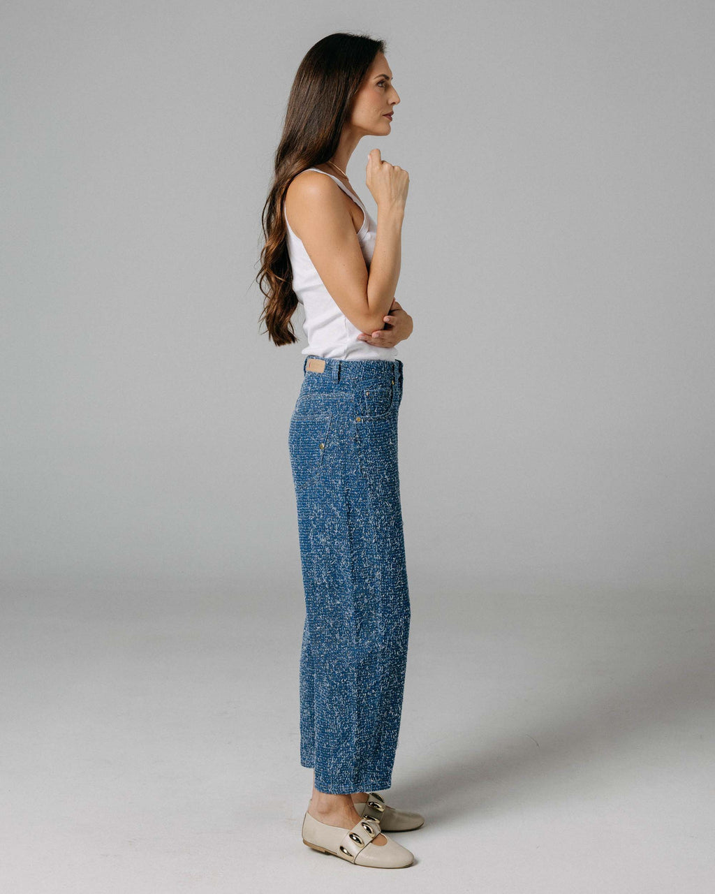 Blue & Gold Textured Half Barrel Jeans | The Lara