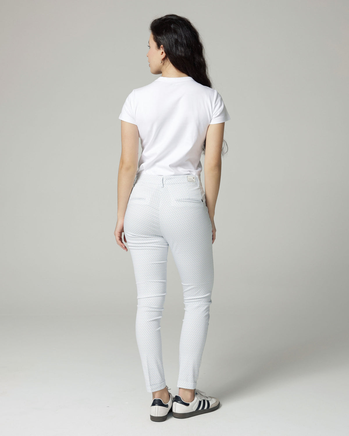 Ivory/Ice Blue Printed Slim Trousers, The Terry, back view
