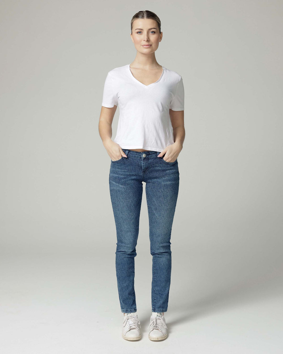 Die Merty, Indigo Slim Jeans mit Fischgrätmuster